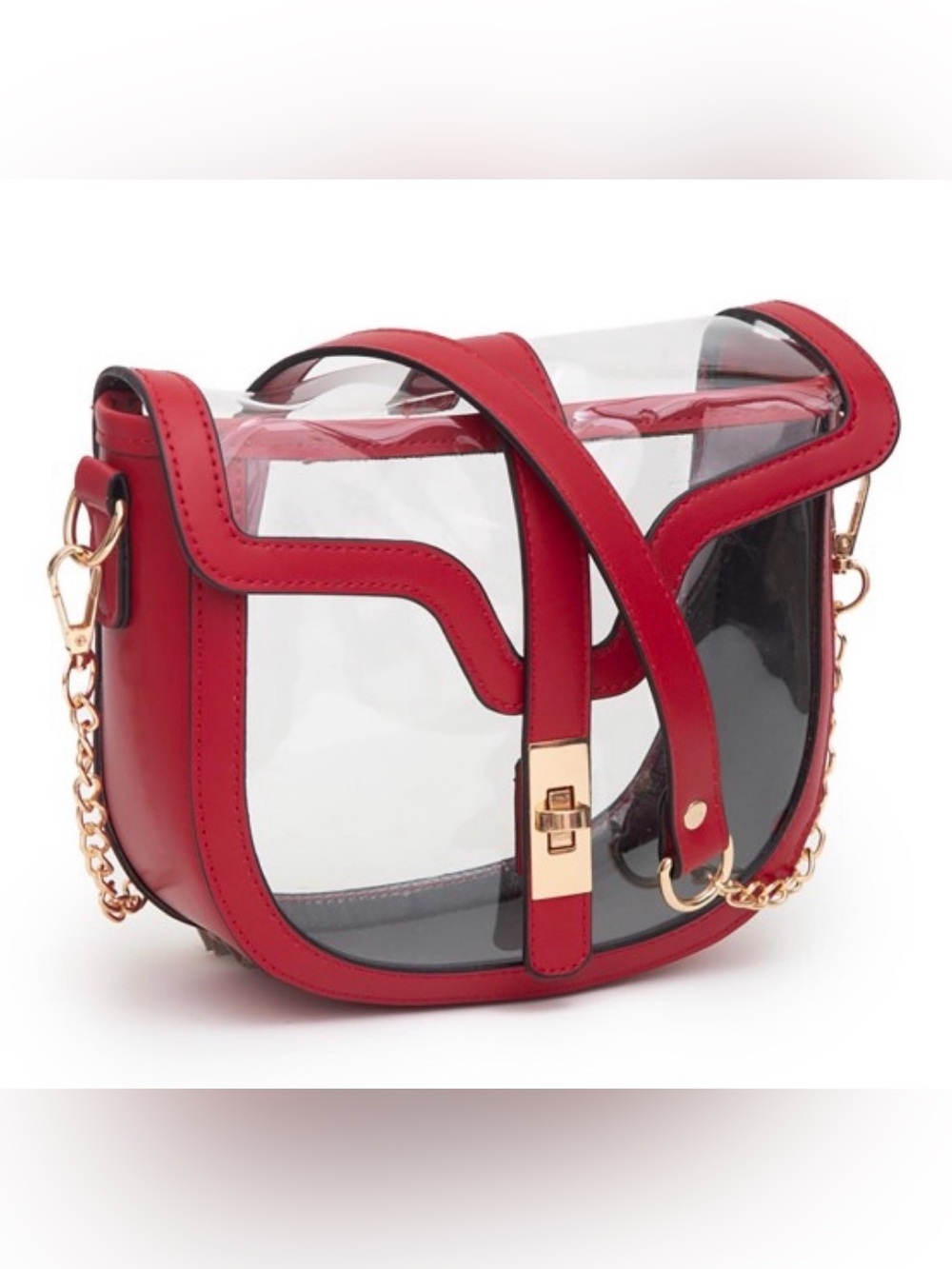 Clear and Red Tote Bag w/ Vegan Leather Trim & Removable Twist Lock Buckle